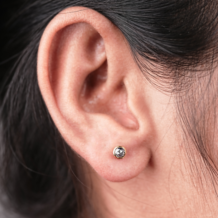 Round Rose Salt and Pepper Diamond Solitaire Bezel Earring