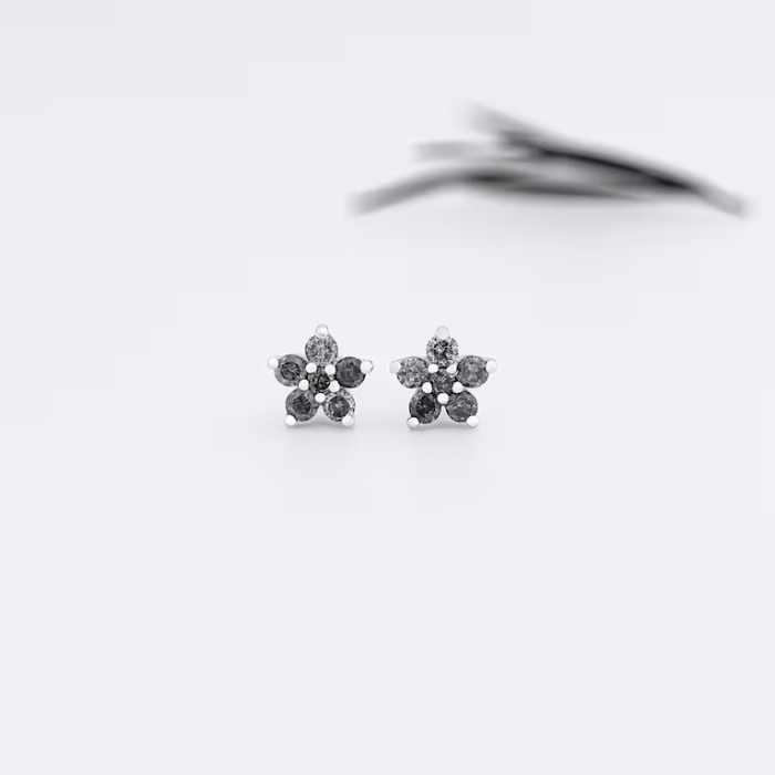 Round Salt And Pepper Diamond Flower Earrings - Minimal Carbon
