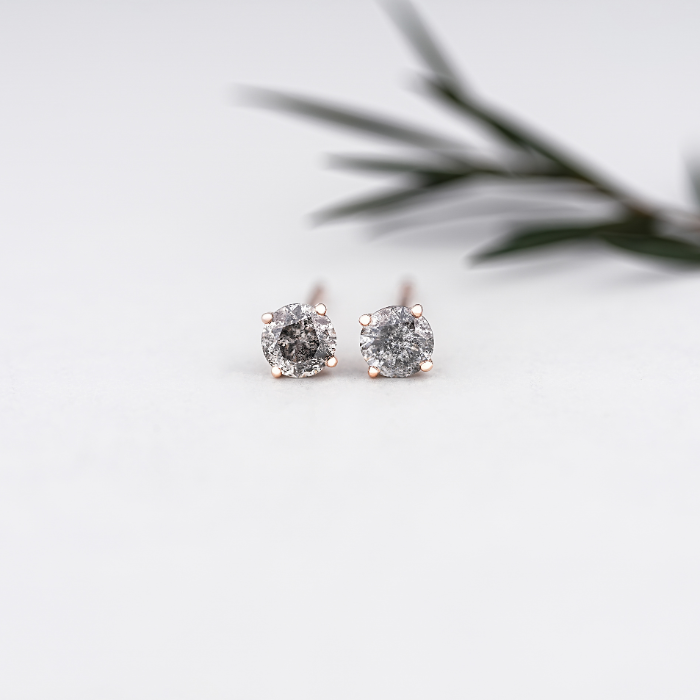 Round Salt and Pepper Diamond Solitaire Earring