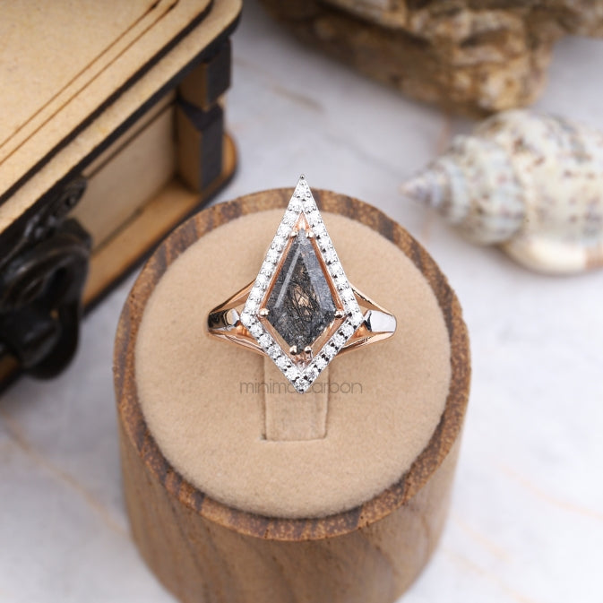 Kite Rutilated Quartz Engagement Ring Halo Ring