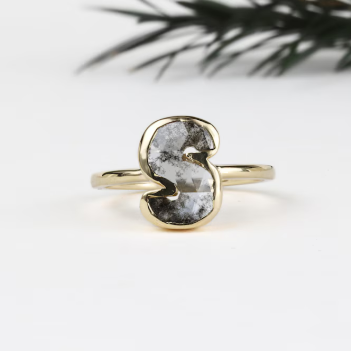 S Latter Salt And Pepper Diamond Initial Ring - Minimal Carbon