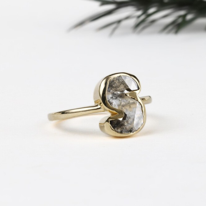 S Latter Salt And Pepper Diamond Initial Ring - Minimal Carbon
