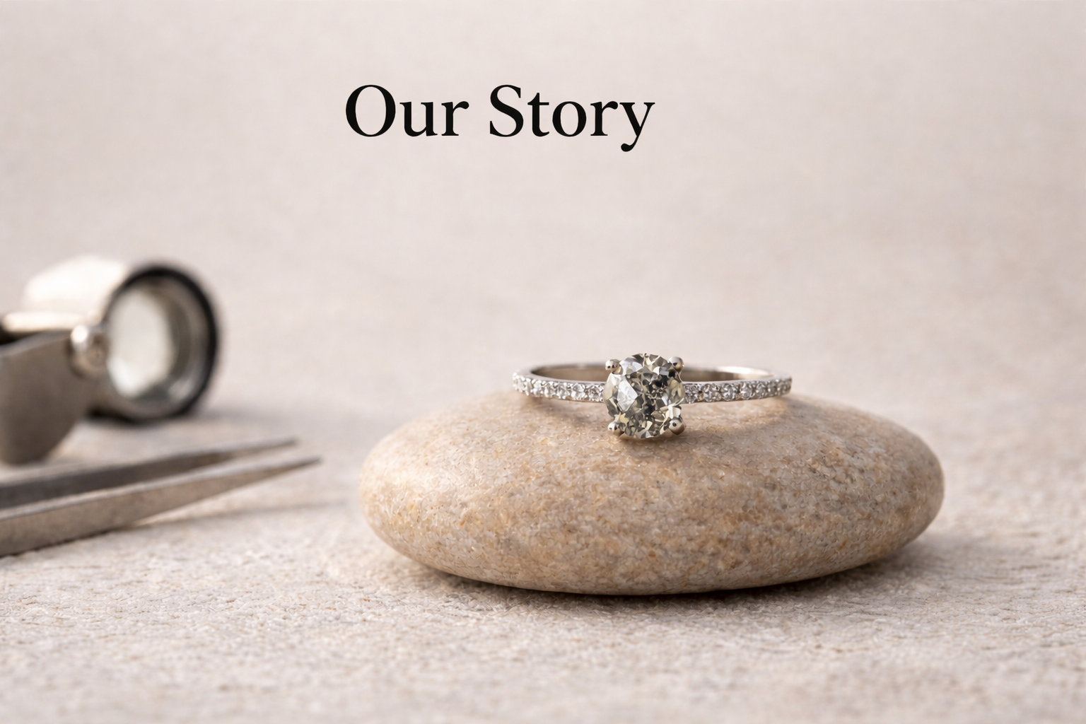 Diamond ring on a stone with 'Our Story'