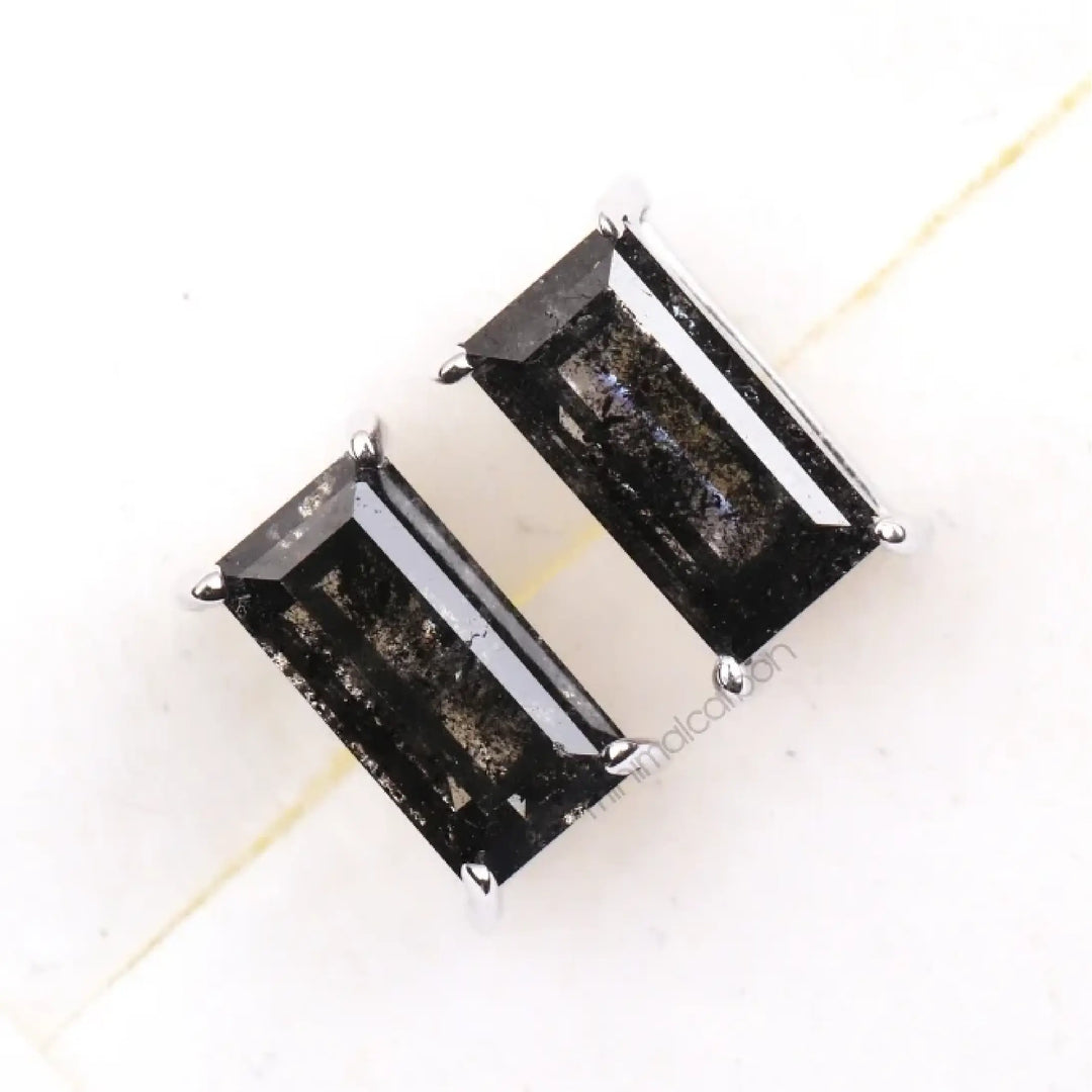 Salt And Pepper Baguette Cut Diamond Solitaire Earrings | Minimal Carbon