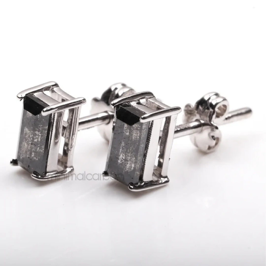 Salt And Pepper Baguette Cut Diamond Solitaire Earrings | Minimal Carbon