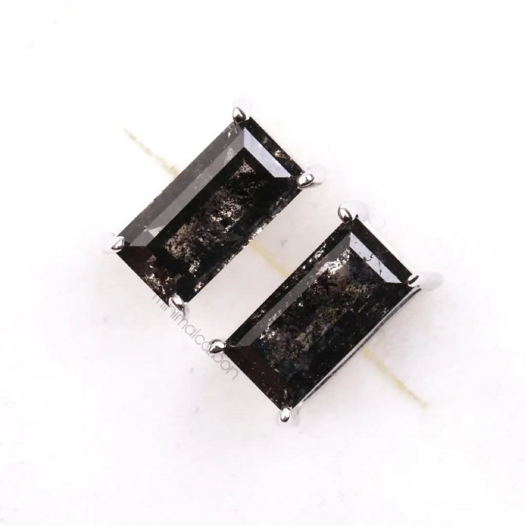 Salt And Pepper Baguette Cut Diamond Solitaire Earrings | Minimal Carbon