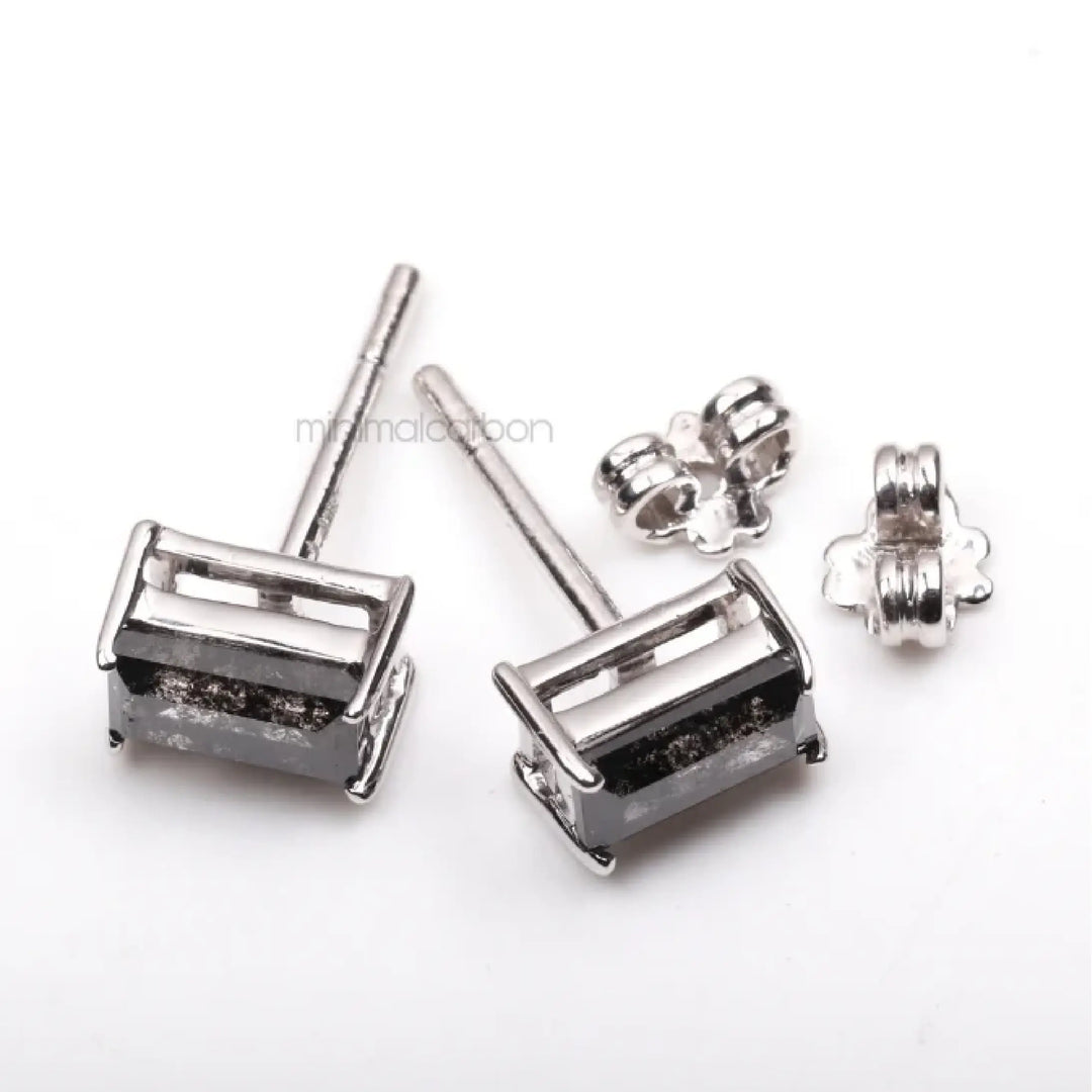 Salt And Pepper Baguette Cut Diamond Solitaire Earrings | Minimal Carbon