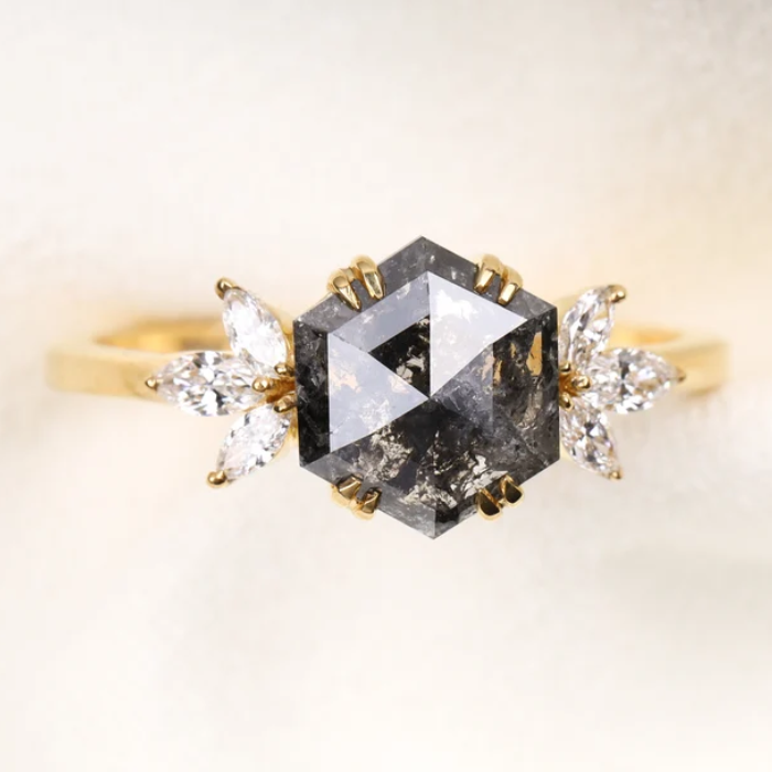 Salt Pepper Hexagon Diamond Ring with Marquise Accents - 02
