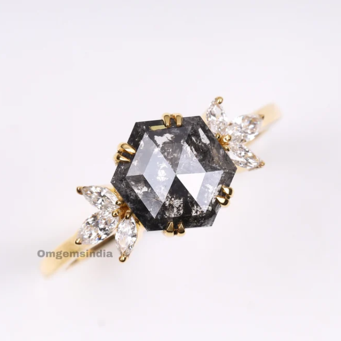 Salt Pepper Hexagon Diamond Ring with Marquise Accents - 05