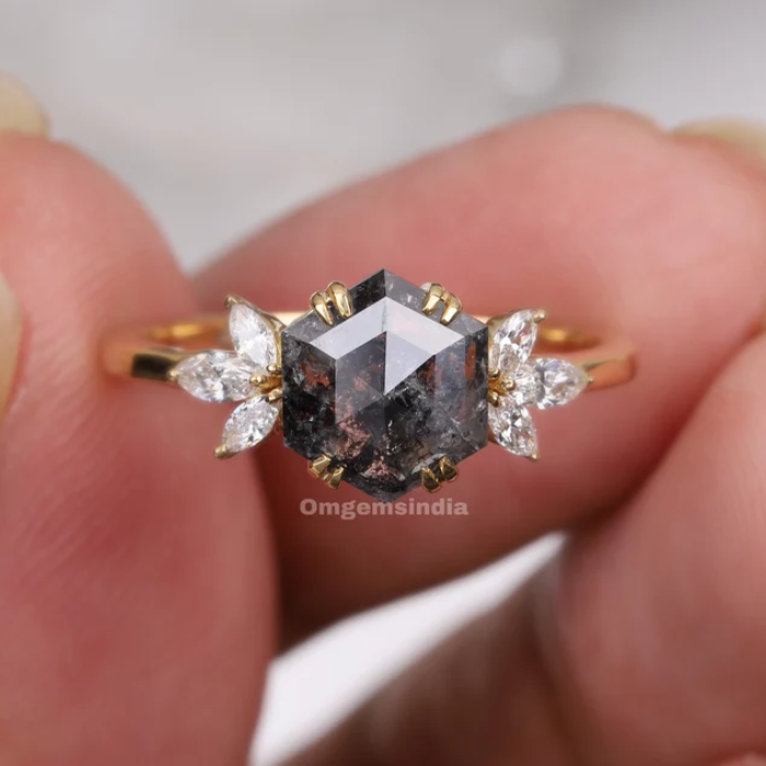 Salt Pepper Hexagon Diamond Ring with Marquise Accents - 07