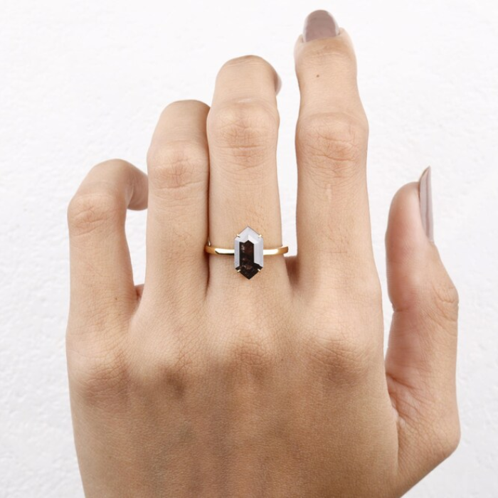 salt and pepper elongated hexagone diamond ring