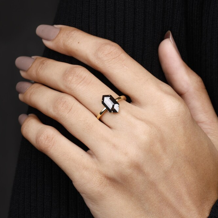 salt and pepper elongated hexagone diamond ring