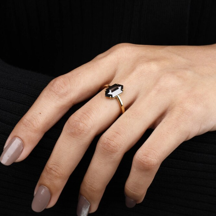 salt and pepper elongated hexagone diamond ring