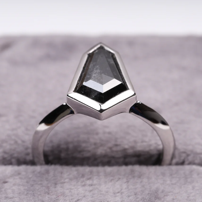 Shield Cut Salt and Pepper Diamond Bezel Set Solitaire Ring - Minimal Carbon
