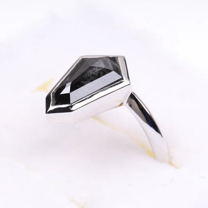 Shield Cut Salt and Pepper Diamond Bezel Set Solitaire Ring - Minimal Carbon