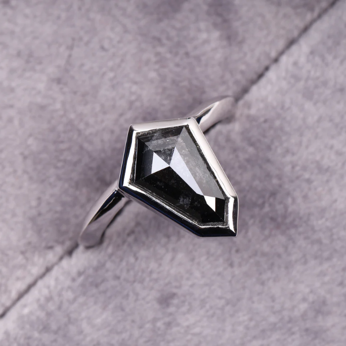 Shield Cut Salt and Pepper Diamond Bezel Set Solitaire Ring - Minimal Carbon