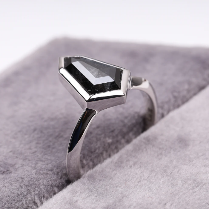 Shield Cut Salt and Pepper Diamond Bezel Set Solitaire Ring - Minimal Carbon