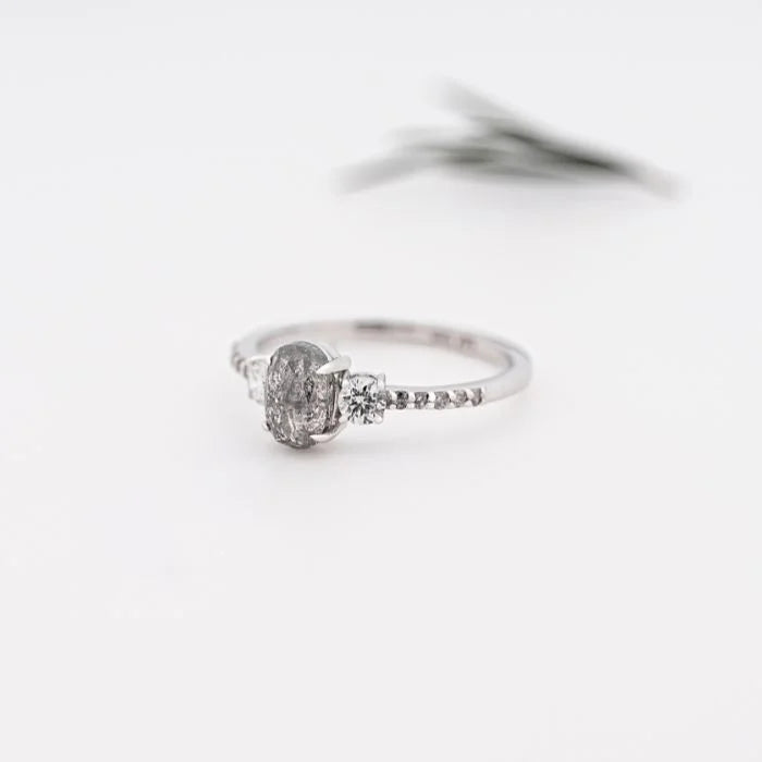 Three Stone Oval Salt Pepper Diamond Engagement Ring