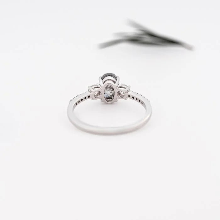Three Stone Oval Salt Pepper Diamond Engagement Ring