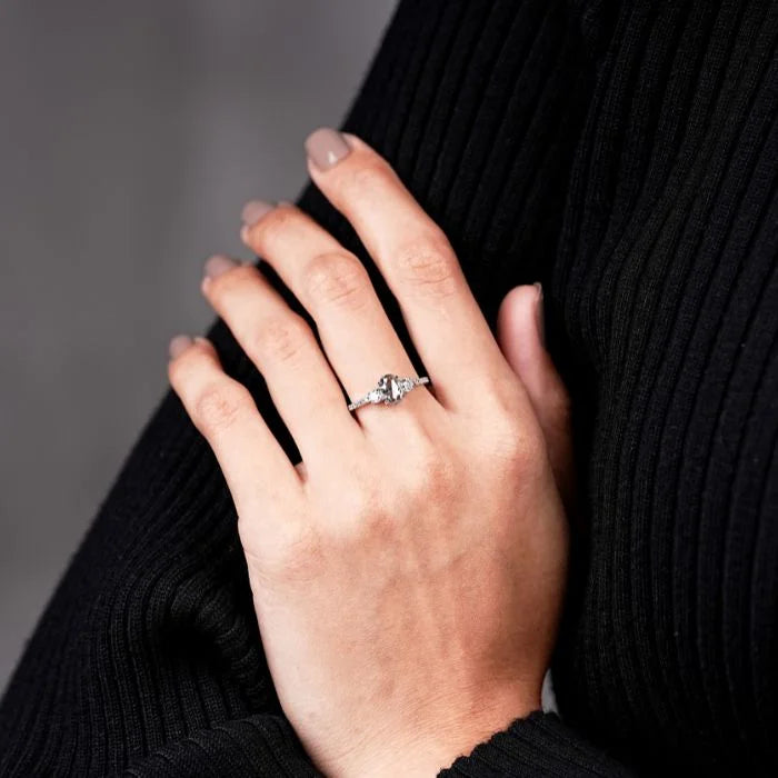 Three Stone Oval Salt Pepper Diamond Engagement Ring
