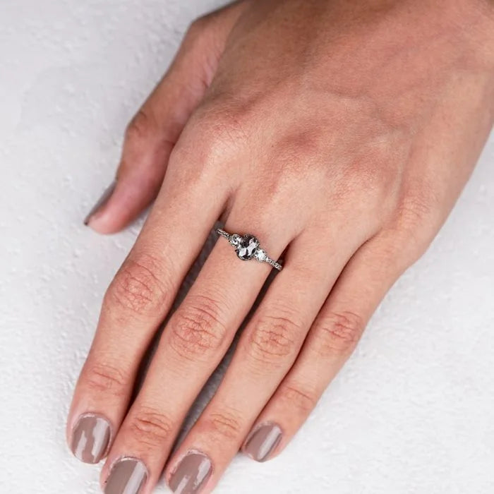 Three Stone Oval Salt Pepper Diamond Engagement Ring