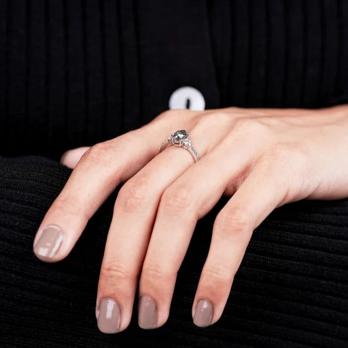 Three Stone Oval Salt Pepper Diamond Engagement Ring