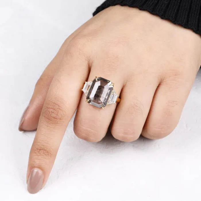 Emerald Cut Three Stone Diamond Engagement Ring for Proposal - Minimal Carbon