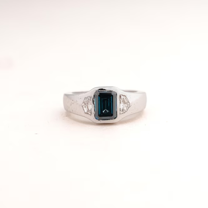 Emerald Cut Blue Sapphire Diamond Pave Band Ring - 01