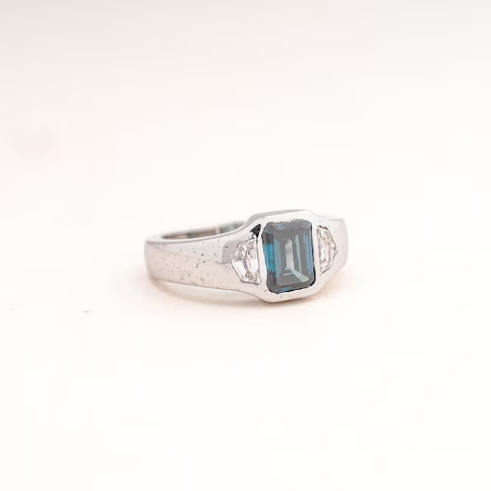 Emerald Cut Blue Sapphire Diamond Pave Band Ring - 03