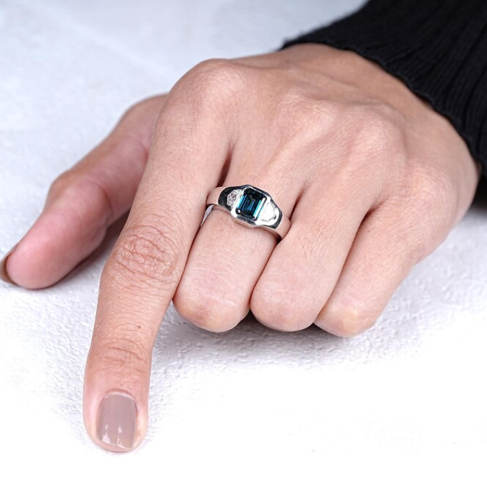 Emerald Cut Blue Sapphire Diamond Pave Band Ring - 06