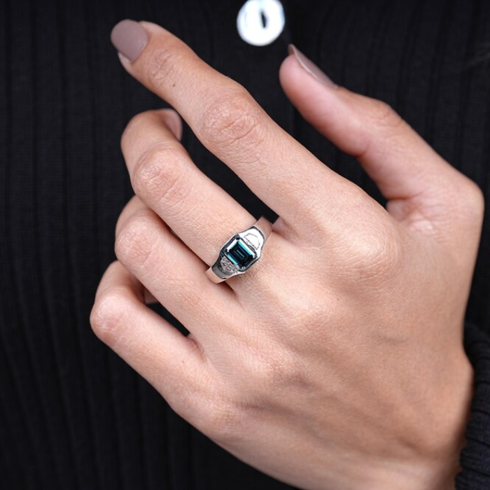 Emerald Cut Blue Sapphire Diamond Pave Band Ring - 09