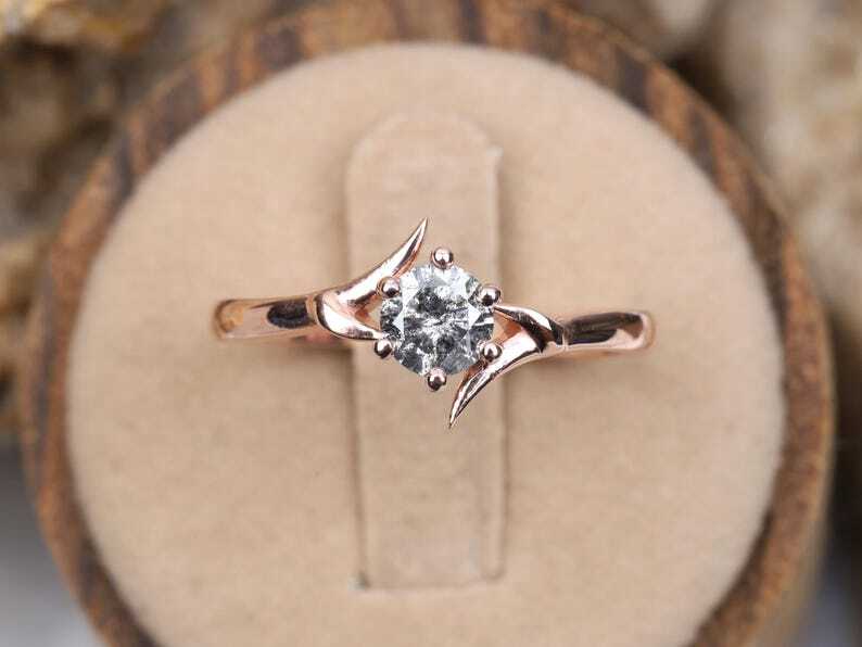 Rose Gold Salt and Pepper Diamond Engagement Ring  | Crescent Claw Prong Bridal Ring
