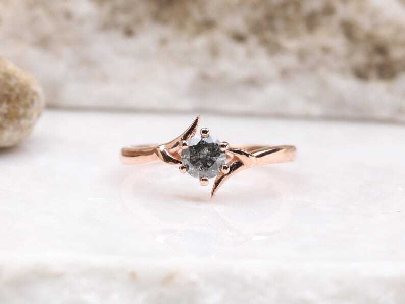 Rose Gold Salt and Pepper Diamond Engagement Ring  | Crescent Claw Prong Bridal Ring