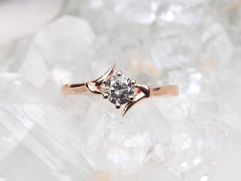 Rose Gold Salt and Pepper Diamond Engagement Ring  | Crescent Claw Prong Bridal Ring