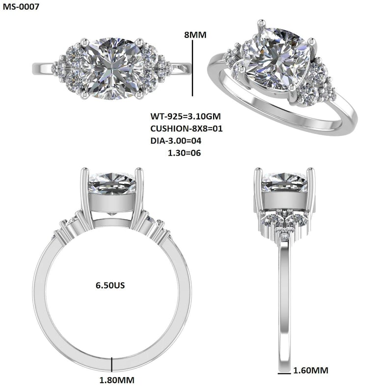Cushion Cut Diamond Ring with Side Accents in Silver