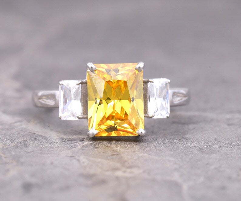 Radiant Cut Citrine Three Stone Ring – Minimalist Engagement or Promise Ring