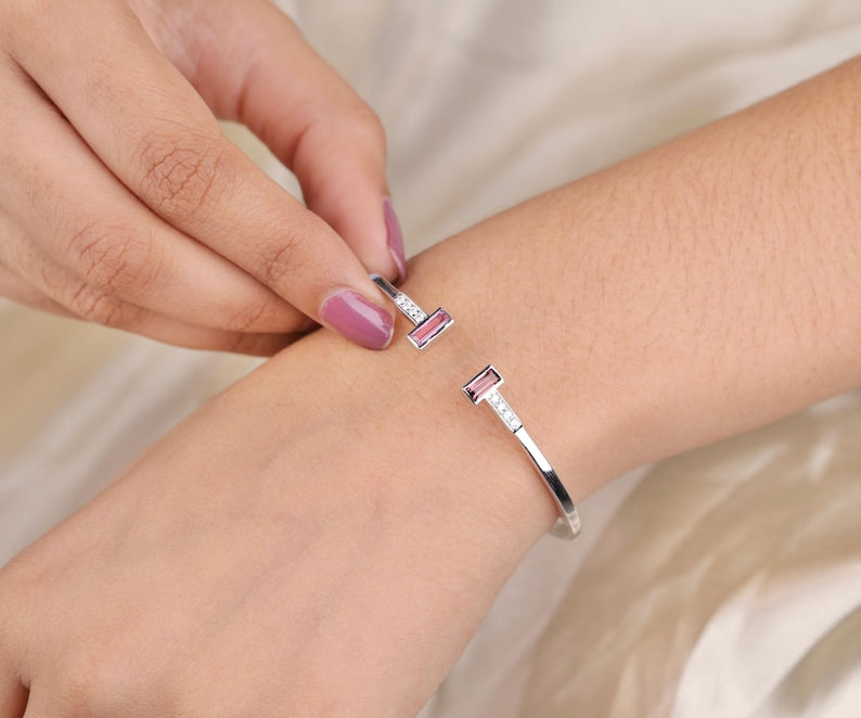 Pink Tourmaline Birthstone Open Cuff Bracelet