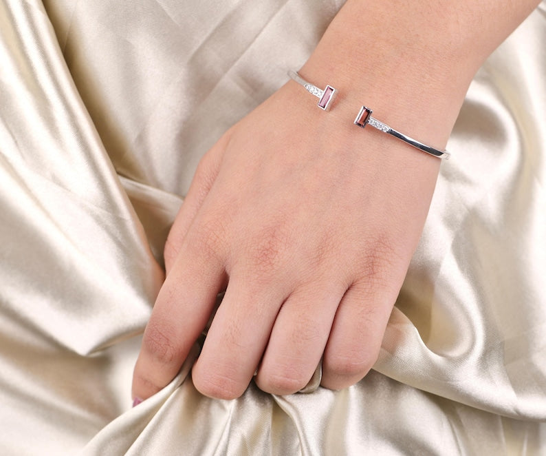 Pink Tourmaline Birthstone Open Cuff Bracelet