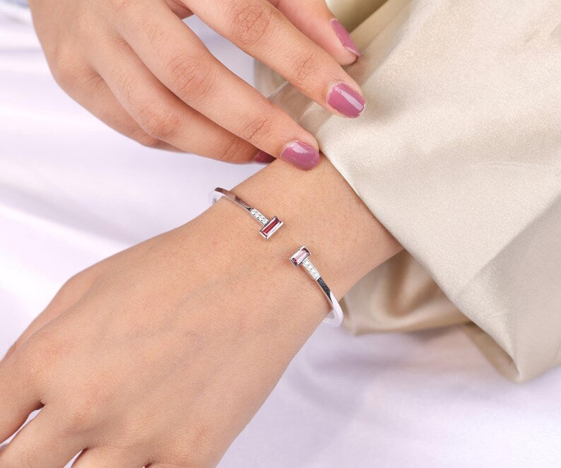 Pink Tourmaline Birthstone Open Cuff Bracelet