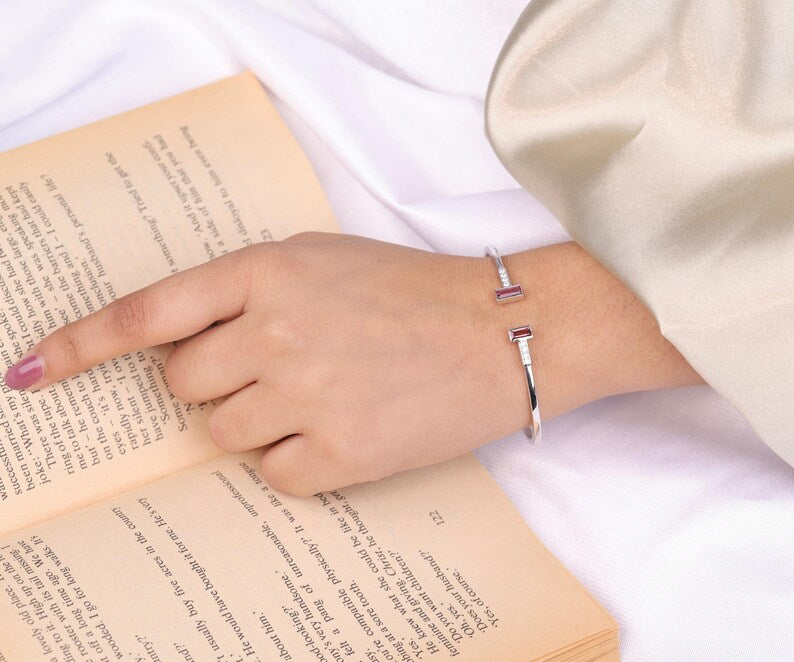 Pink Tourmaline Birthstone Open Cuff Bracelet