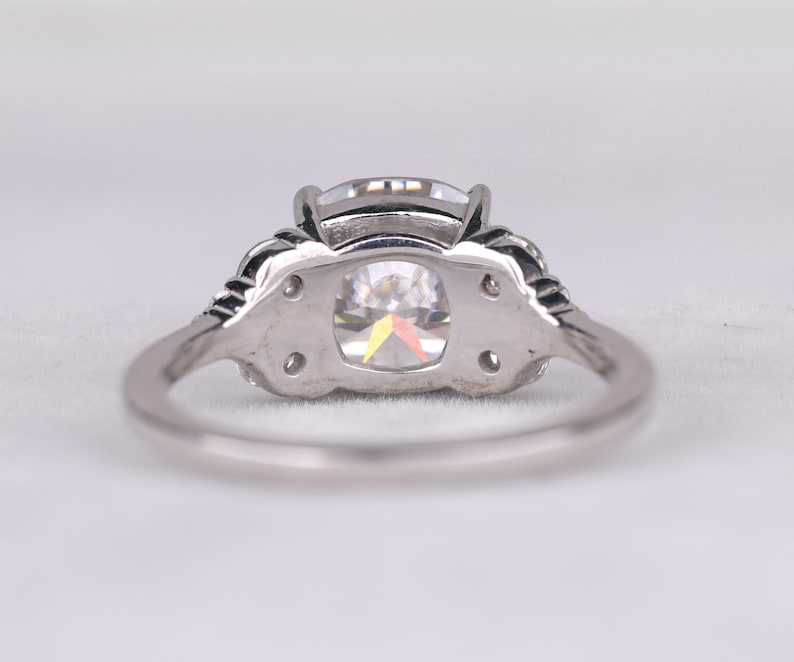 Cushion Cut Diamond Ring with Side Accents in Silver