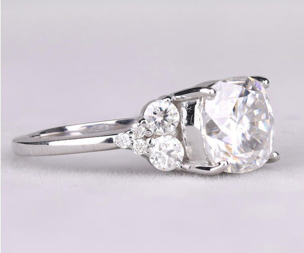 Cushion Cut Diamond Ring with Side Accents in Silver
