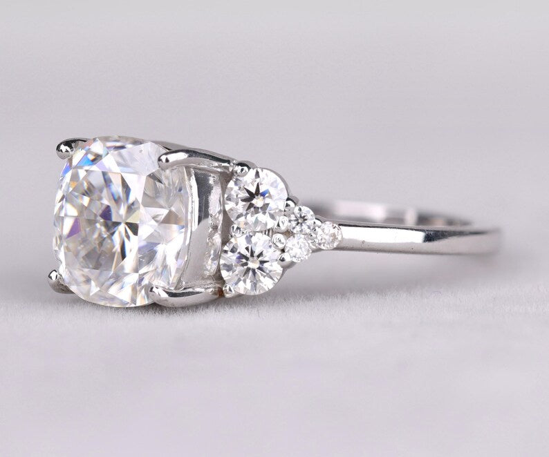 Cushion Cut Diamond Ring with Side Accents in Silver
