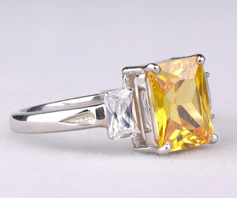 Radiant Cut Citrine Three Stone Ring – Minimalist Engagement or Promise Ring