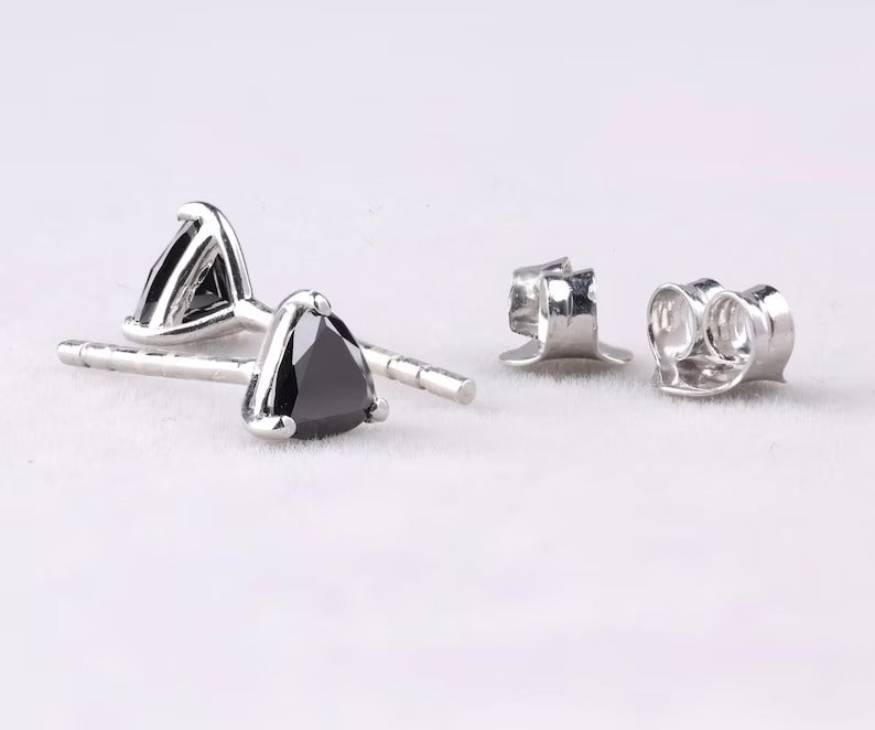 Trillion-Cut Black Gemstone Stud Earrings in White Gold