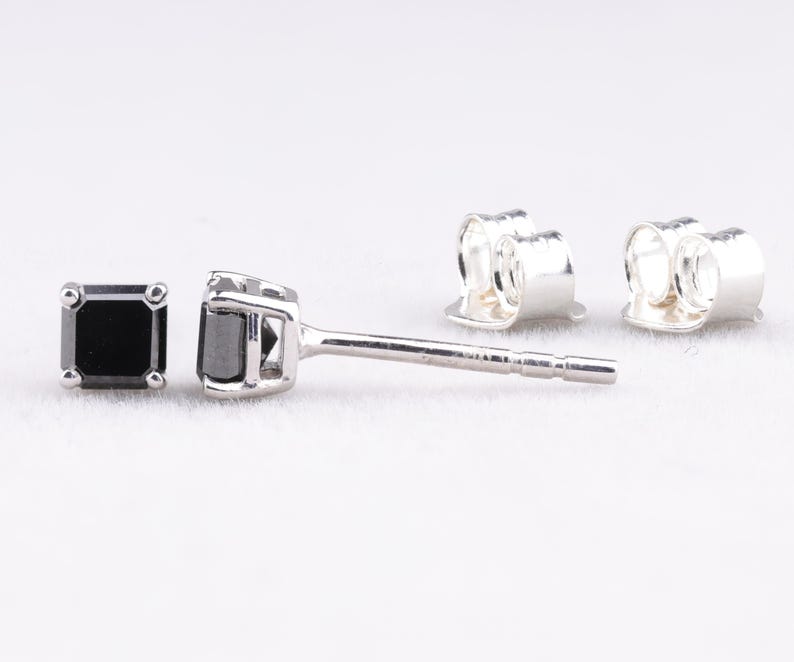 Square-Cut Black Diamond Stud Earrings in White Gold