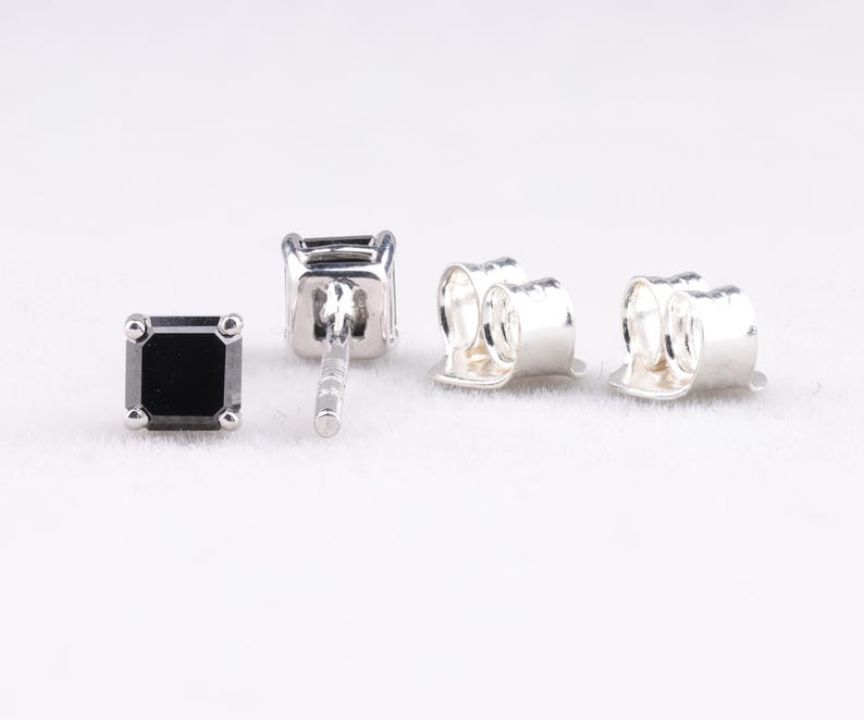 Square-Cut Black Diamond Stud Earrings in White Gold