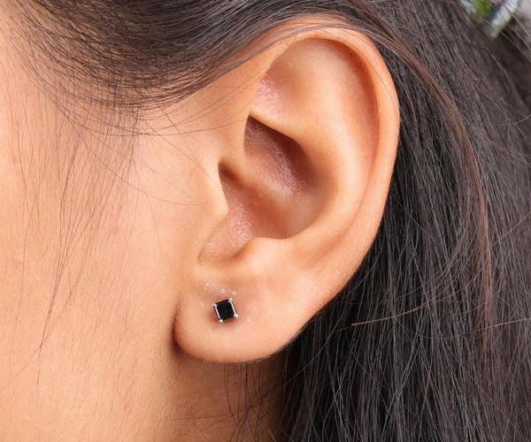Square-Cut Black Diamond Stud Earrings in White Gold