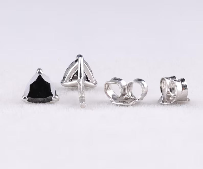 Trillion-Cut Black Gemstone Stud Earrings in White Gold