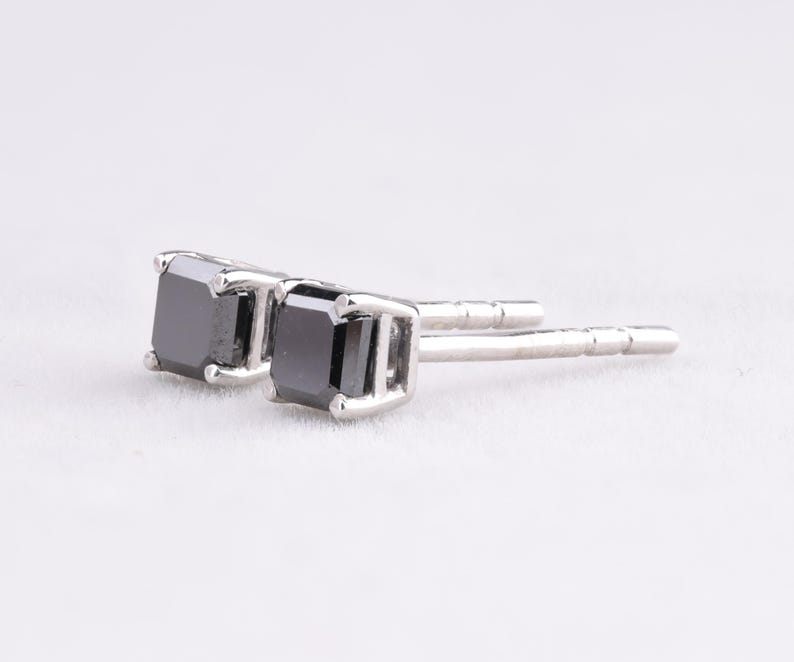 Square-Cut Black Diamond Stud Earrings in White Gold